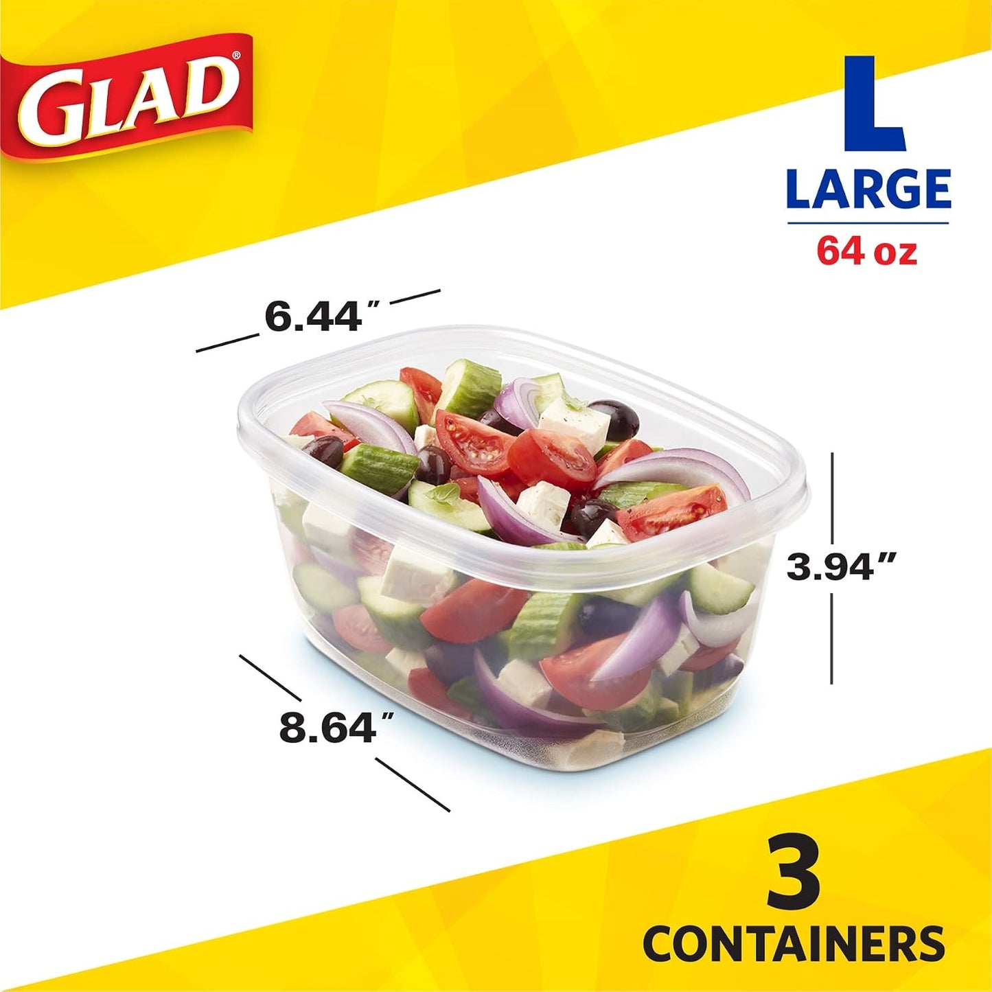 Glad GladWare To Go Snack Food Storage Containers with Lids, Medium Rectangle No BPA Plastic with Built-In Dressing Cup for Salads and Snacks, Microwave Dishwasher Safe, 24 Oz, 4 Count