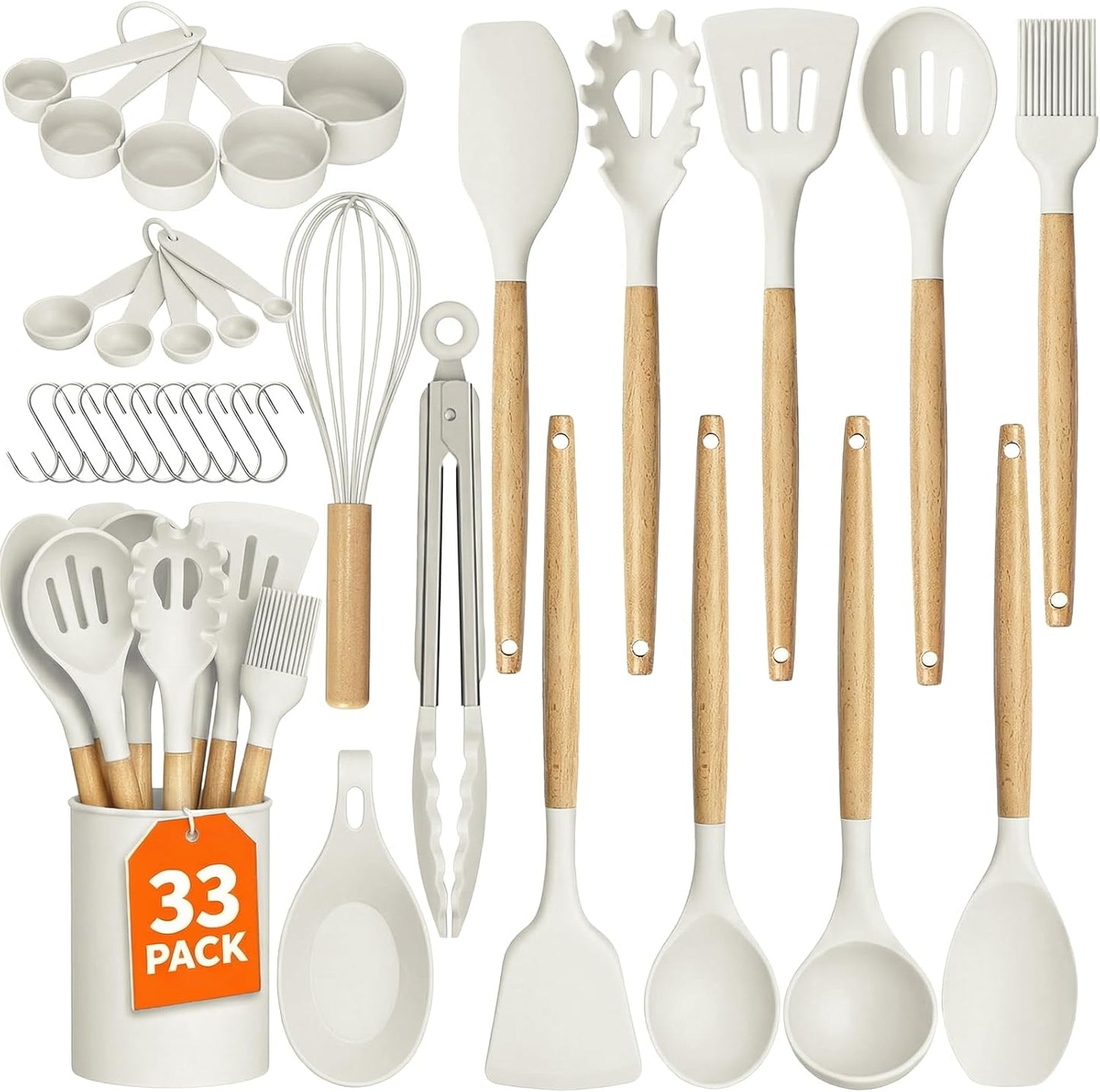 WISELIFE Kitchen Utensils Set - 33 PCS, Heat-Resistant Silicone Cooking Utensils Set with Wooden Handle, BPA-Free Kitchen Gadgets Spatula Sets with Holder for Nonstick Cookware (Black)
