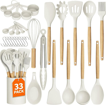 WISELIFE Kitchen Utensils Set - 33 PCS, Heat-Resistant Silicone Cooking Utensils Set with Wooden Handle, BPA-Free Kitchen Gadgets Spatula Sets with Holder for Nonstick Cookware (Black)
