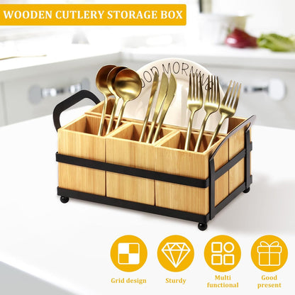 4 Compartment Silverware Caddy - Wood Silverware Holder with Double Handle, Bamboo Removable Slot Utensil Caddy, Rustic Farmhouse Flatware Holder for Paper Plates, Spoons, Forks, Napkins, Cutlery