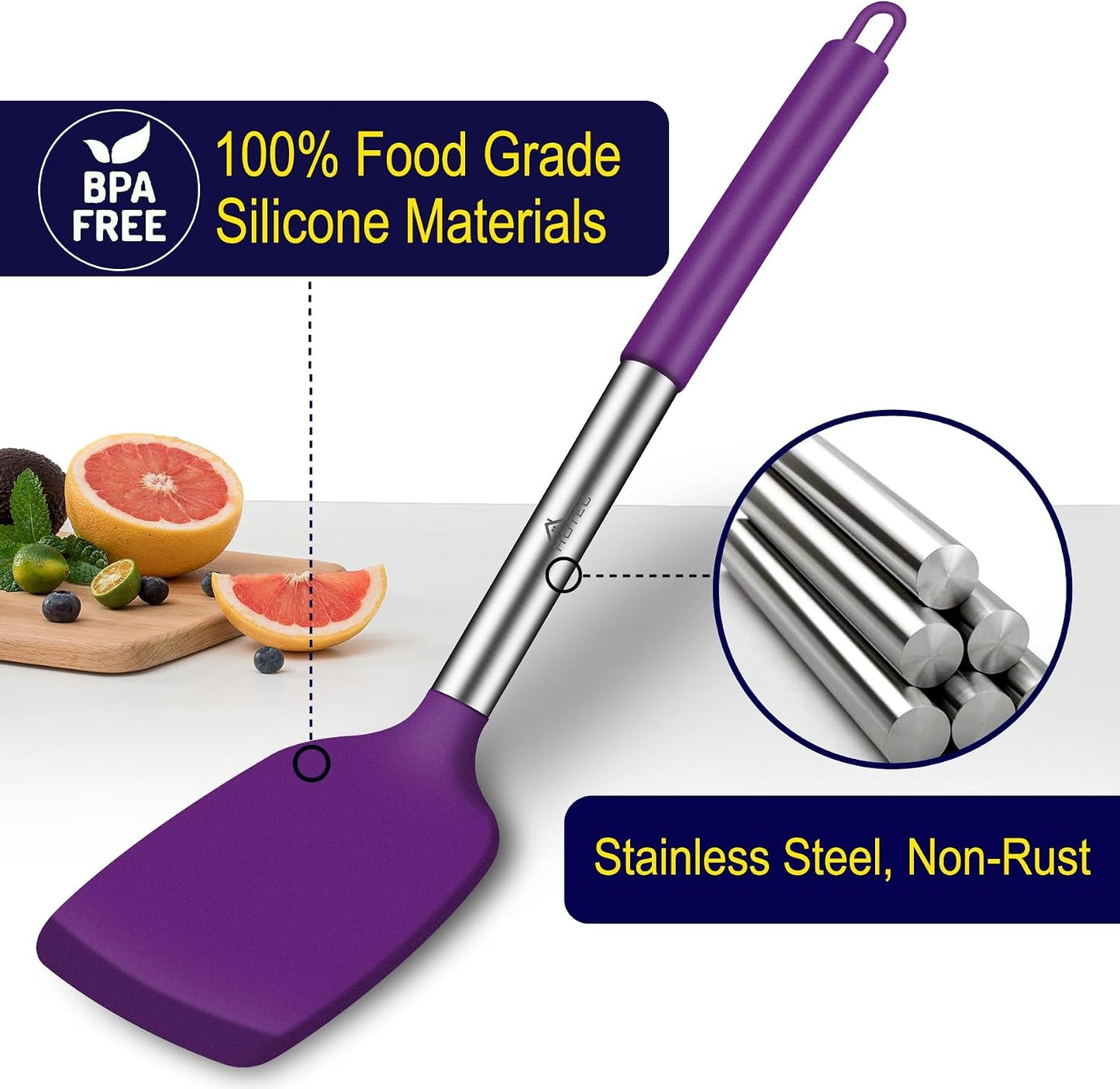 HOTEC Silicone Spatula Set of 2 Heat-Resistant 600°F & BPA-Free Kitchen SaptulaTurner with Stainless Steel Handles, Slotted & Solid Spatulas for Nonstick Cookware, 13.7 Inch, Classic Blue