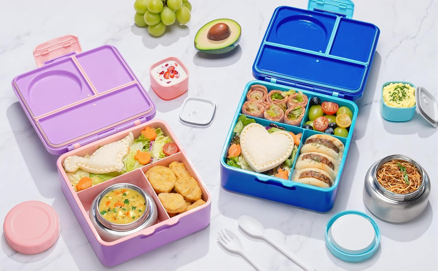 Fimibuke Bento Box for Kids Adult, BPA Free & Leakproof Toddler Lunch Box with 8.5oz Insulated Thermo Food Jar, Utensils & Sauce Jar, Dishwasher Safe 3 or 4 Compartment Container for School Girls Boys