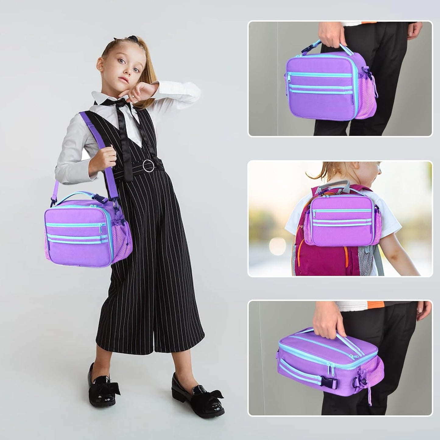 Cerbonny Kids Lunch Box, Insulated Lunch Bag for Girls and Boys, Durable Polyester with PEVA Lining, Adjustable Shoulder Strap, 10.8"L x 4"W x 8.8"H, 5 Pockets