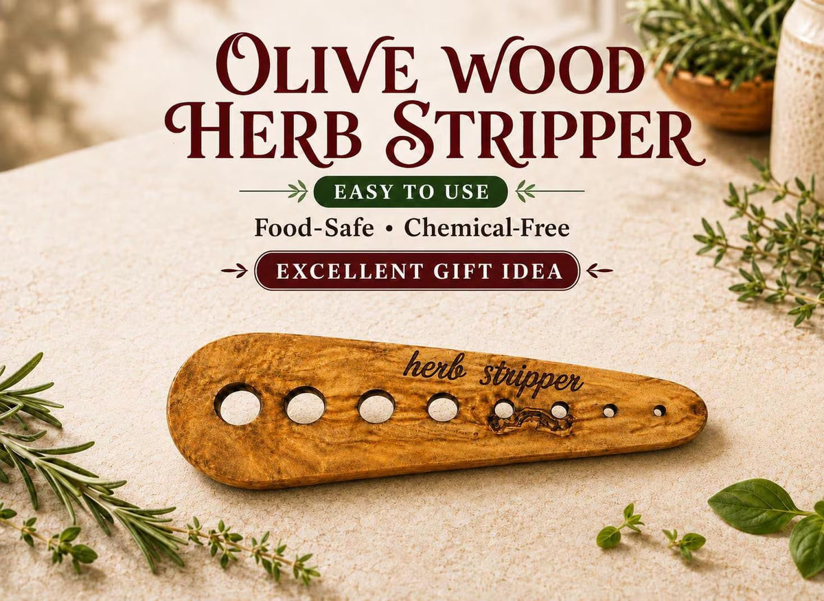 Handmade Olive Wood Herb Stripper, Natural Wood Kitchen Tool for Fresh Herbs