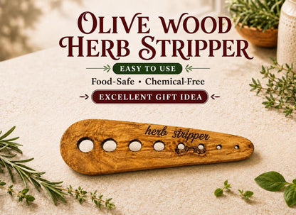 Handmade Olive Wood Herb Stripper, Natural Wood Kitchen Tool for Fresh Herbs
