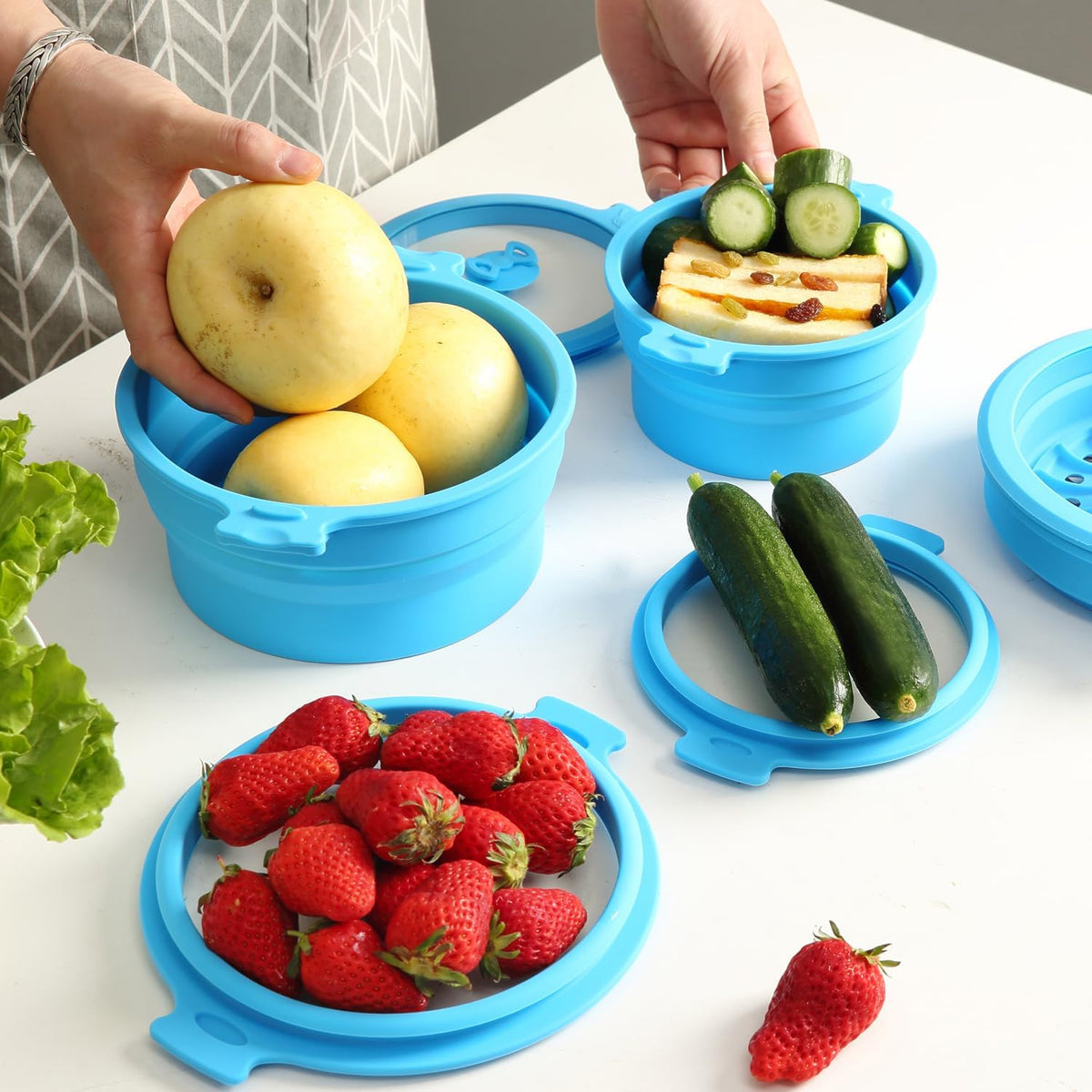 2 Set 27oz and 47oz Collapsible Silicone Microwave Vegetable Steamer Cooker