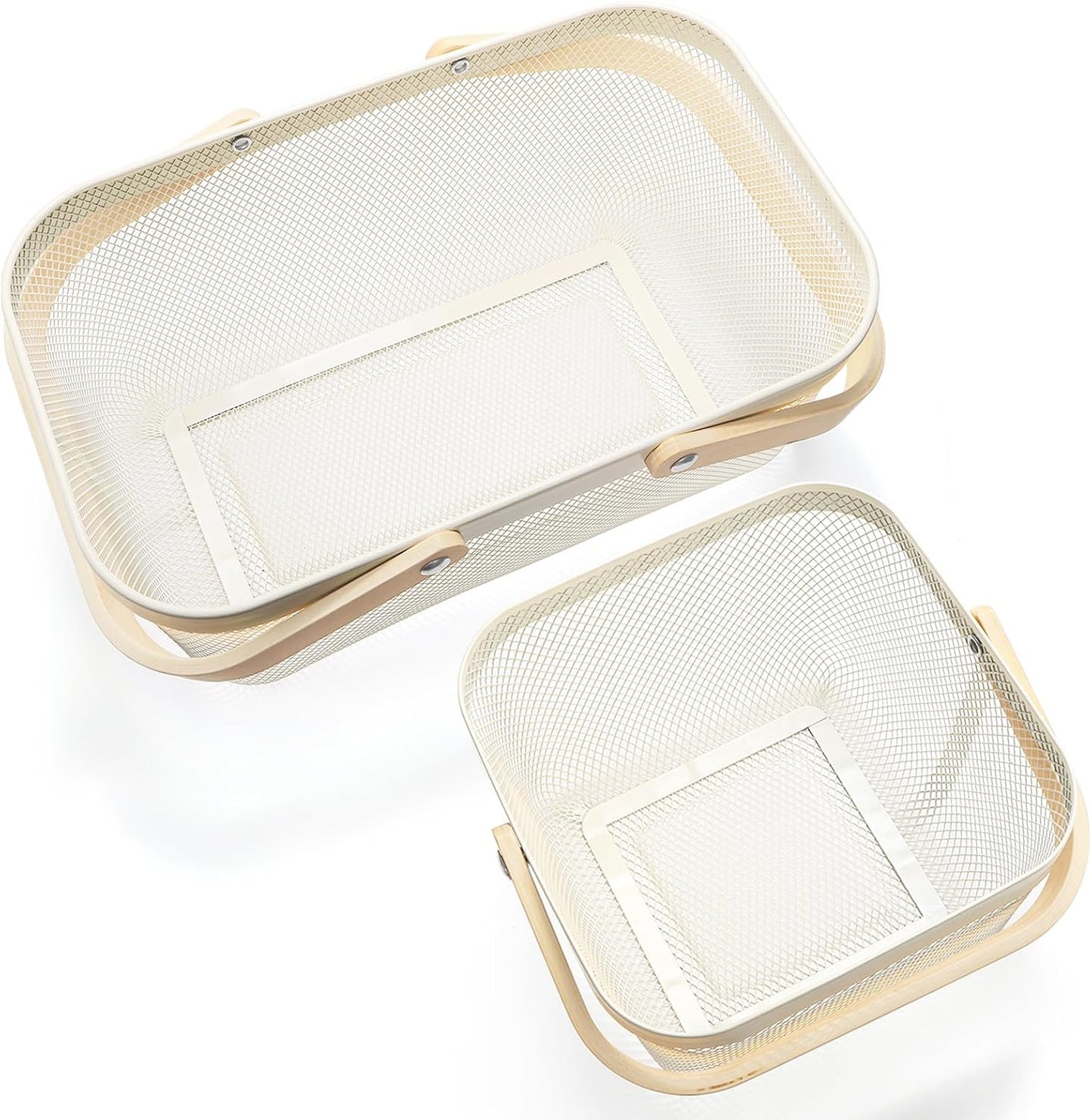 ZEAYEA 2 Pack Harvest Basket with Handle, Garden Baskets for Gathering Vegetables, Multi-functional Metal Mesh Fruit Basket, White Mesh Storage Basket for Picnic Kitchen Garden Cabinet Pantry Bathroom