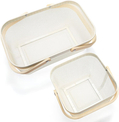ZEAYEA 2 Pack Harvest Basket with Handle, Garden Baskets for Gathering Vegetables, Multi-functional Metal Mesh Fruit Basket, White Mesh Storage Basket for Picnic Kitchen Garden Cabinet Pantry Bathroom