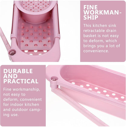 GALPADA Expandable over Sink Colander Strainer Basket, Pink Kitchen Sink Basket with Fine Mesh, Multifunctional Vegetable Washing and Dish Dry Rack for Food Drainage and Storage