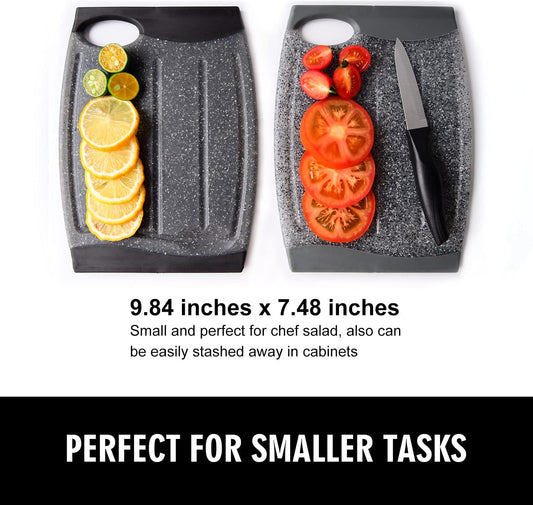 Small Plastic Cutting Board Set of 2, Mini Cutting Board for Small Kitchen Tasks, Non Slip Edges, Unique Design with Multiple Juice Grooves! BPA Free, Non-Porous, Dishwasher Safe (9.84" x 7.48")