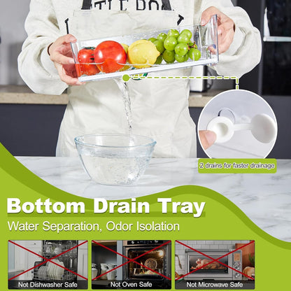 Fruit Storage Container for Fridge with Pull-Out Drawer, Drain Layer | 3 Pack, Keeps Fruits and Vegetables Fresh & Dry, Stackable Design, Clear View, Helps Reduce Odors, with Anti-Slip Base