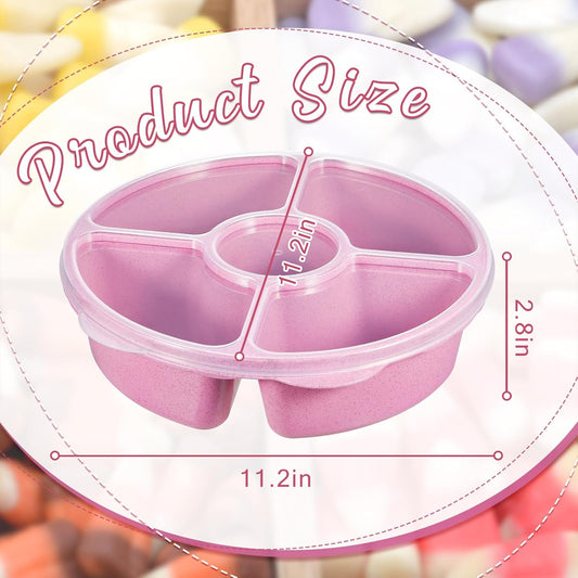 Kigley 6 Pcs Divided Serving Tray with Lid Veggie Tray with Lid for Fridge 5 Compartment Vegetable Platter Fruit Platter Reusable Round Food Container Plastic Serving Dish for Lunch Meal Snack Storage