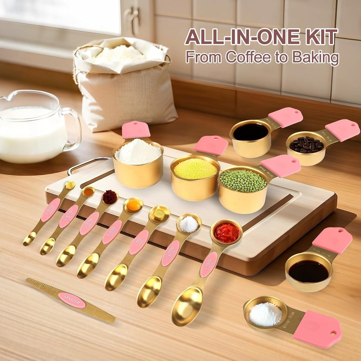 16-Piece Stainless Steel Measuring Cups and Spoons Set, Strong Magnetic Nesting Design 7 Cups 8 Spoons with Leveler, Double Measurement Markings for Dry & Liquid Ingredients, Gold