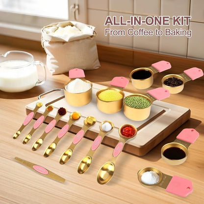 16-Piece Stainless Steel Measuring Cups and Spoons Set, Strong Magnetic Nesting Design 7 Cups 8 Spoons with Leveler, Double Measurement Markings for Dry & Liquid Ingredients, Gold
