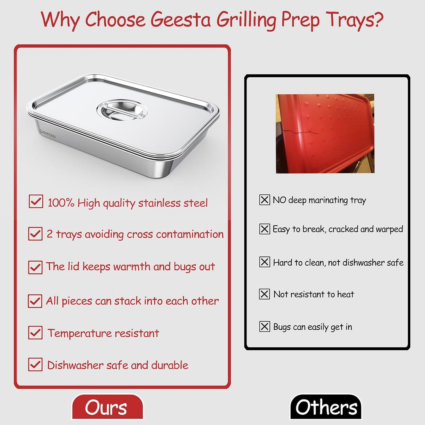Geesta Grilling Prep and Serve Tays, Stainless Steel Large Capacity Food Prep Tray, Grill Carry System, Marinade Container with Lid and Cutting Board,BBQ Grill Accessories, Grilling Gifts for Men