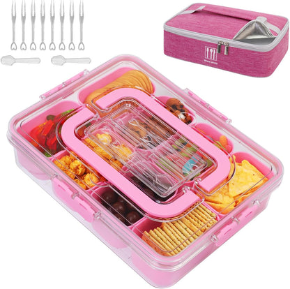 Snack Box Container with Insulated Cooler Bag, Divided Serving Tray with Lid and Handle Beach Essentials, Snackle Box Veggie Fruit Tray with 8 Compartments & 8 Forks & 2 Spoon