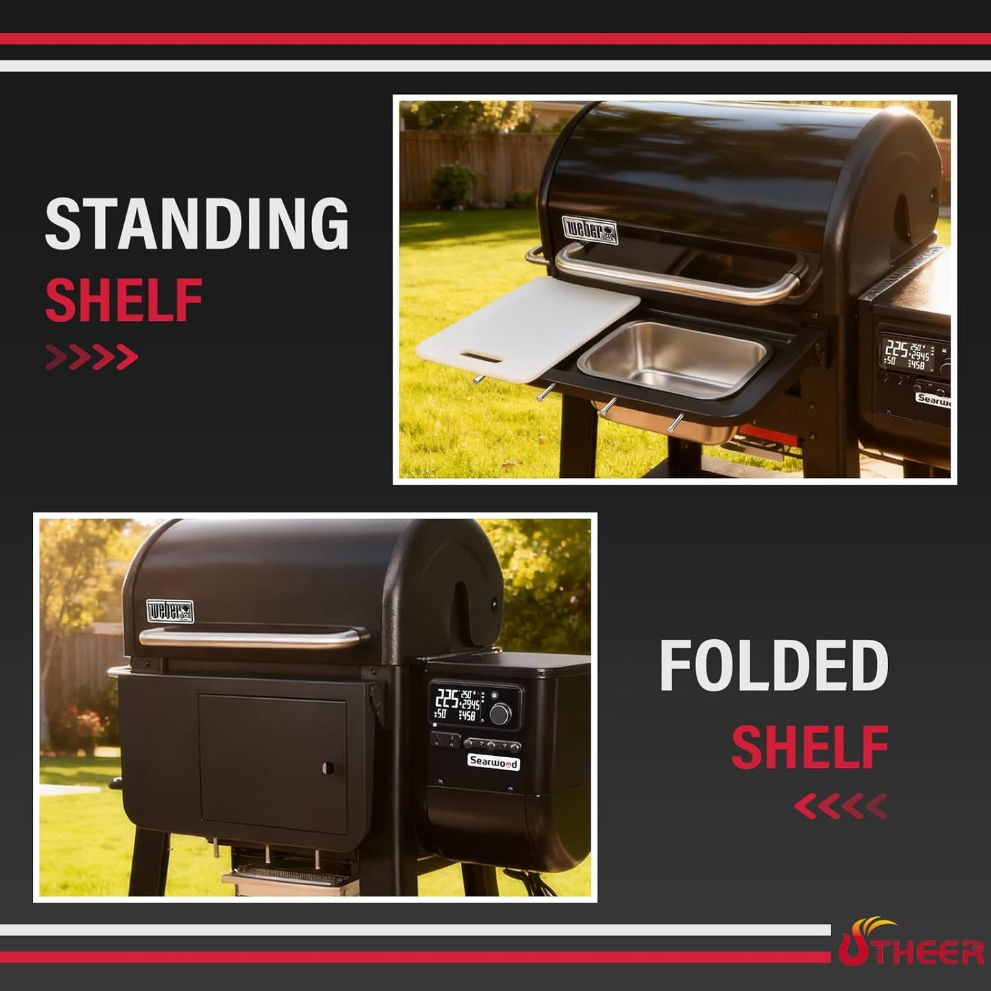 Upgraded Grill Table for Weber Kettle 22"/18"/26", Master Touch 22", Smokey Mountain, Recteq Pellet Grill RT-B380, Prep Station with Cutting Board, Basin, 4 Hooks, Shelf for Weber Kettle Accessories