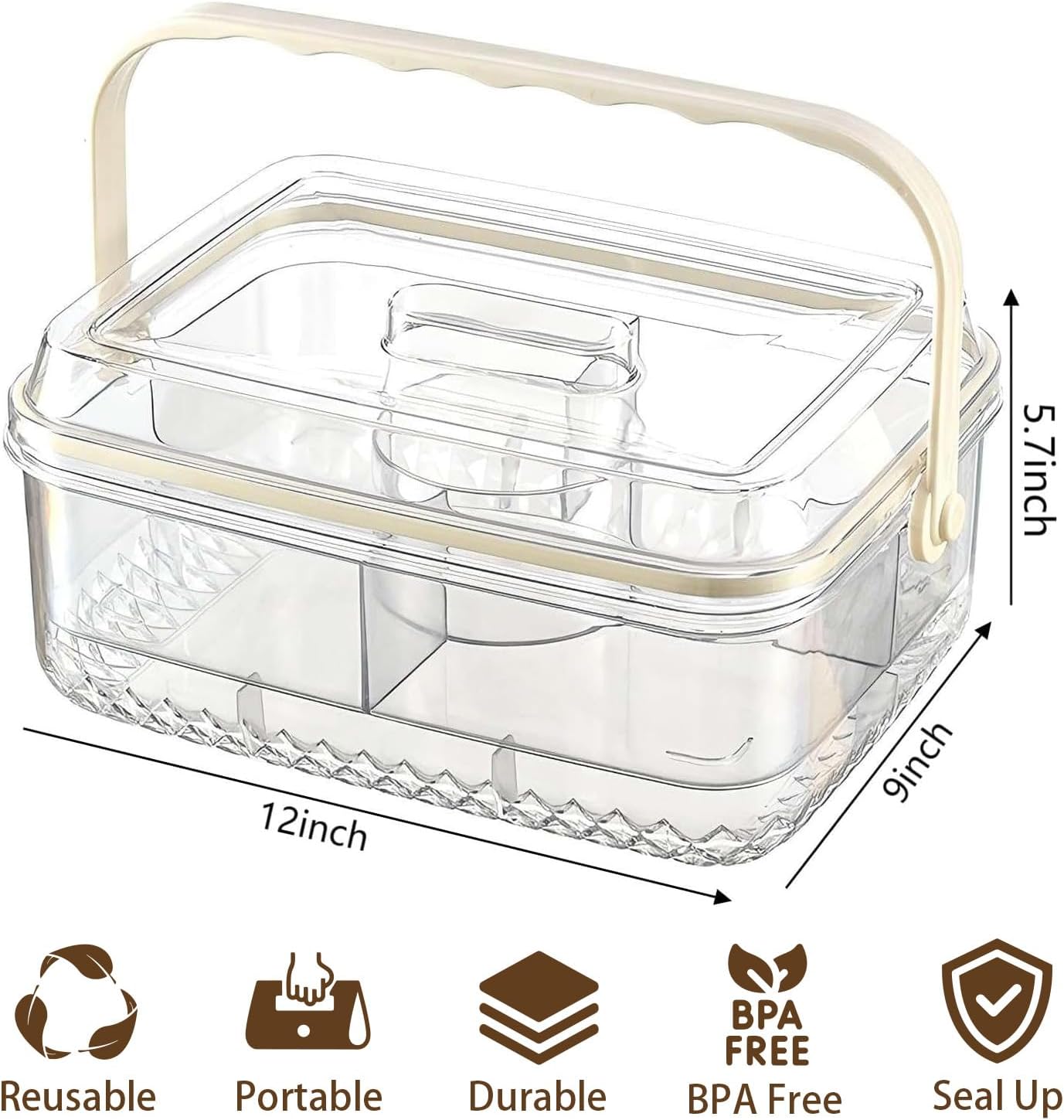 Fruit Ice Divided Serving Tray with Lid, Ice Underneath and Handle, Chilled Serving Platter for Parties, Shrimp Cocktail Serving Dish, Chilled Veggie Tray for Keep Food Cold Outside Party