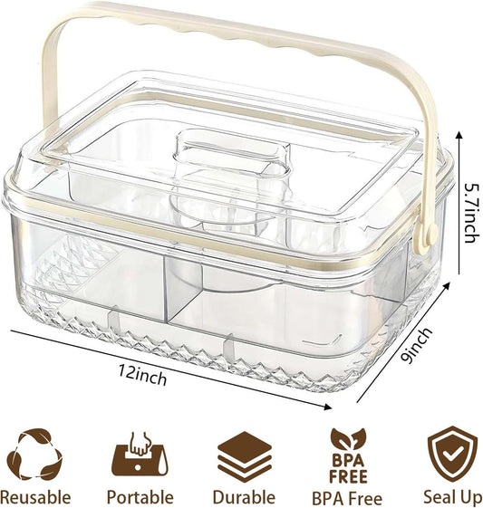 Fruit Ice Divided Serving Tray with Lid, Ice Underneath and Handle, Chilled Serving Platter for Parties, Shrimp Cocktail Serving Dish, Chilled Veggie Tray for Keep Food Cold Outside Party