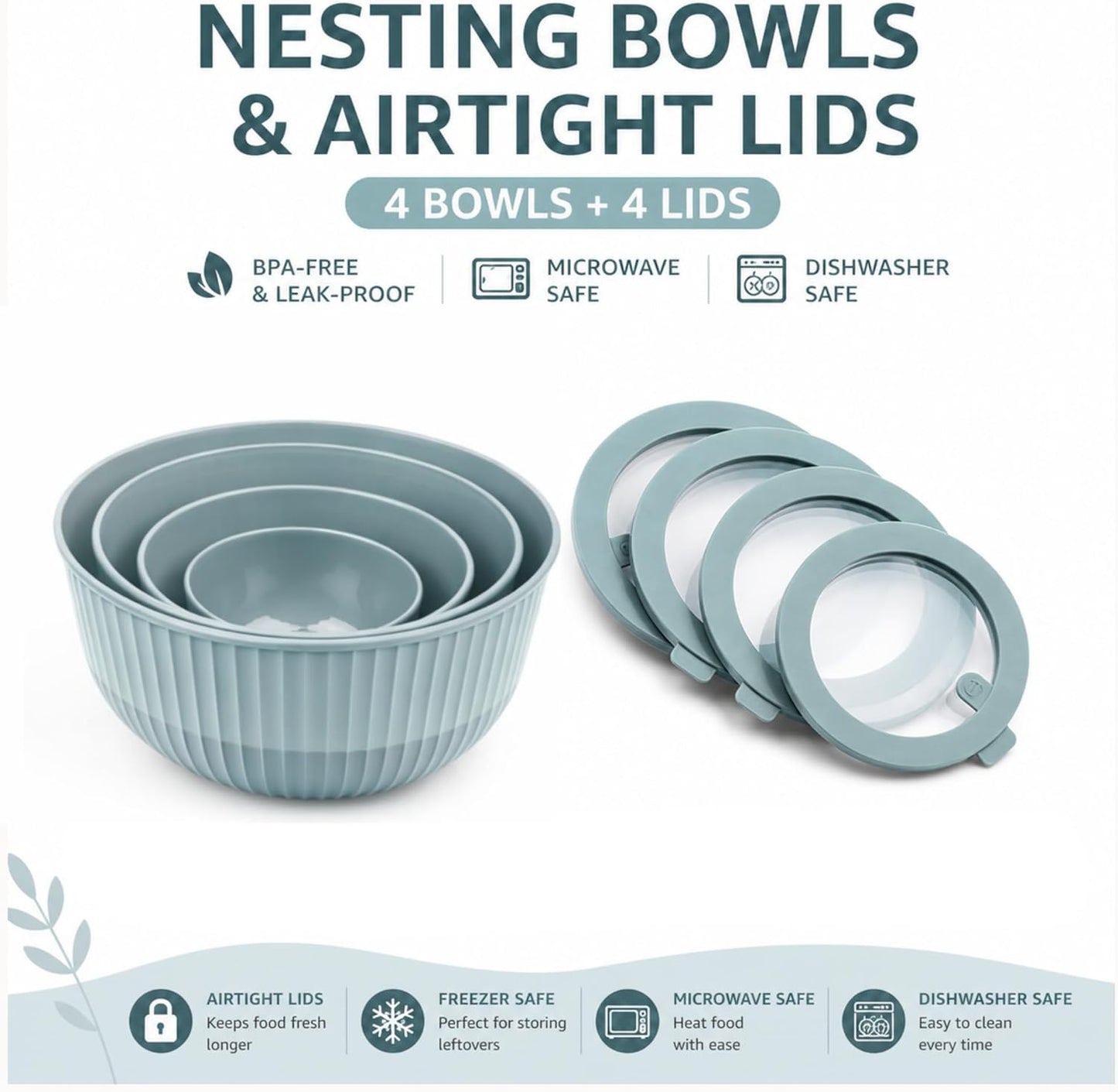 Mixing Bowls with Lids, 8-Piece Airtight Leak-Proof Nesting BPA-Free Bowl Set for Kitchen & Food Storage, Large 4200ml Capacity, Microwave & Dishwasher Safe