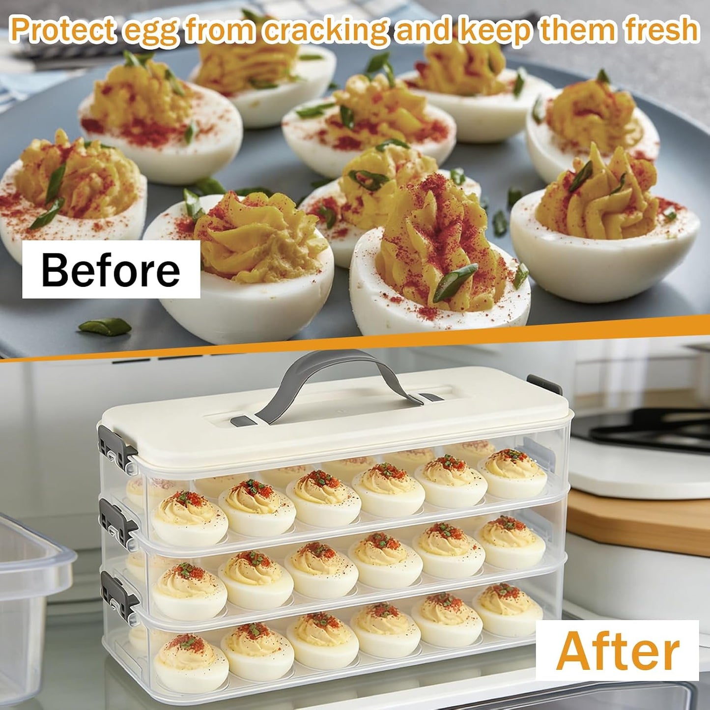 3-Layer Deviled Egg Container with Lid and Handle, Clear Plastic Deviled Egg Carrier for Fridge, Portable Stackable Eggs Holder Platter for Easter Party Picnics Camping Travel