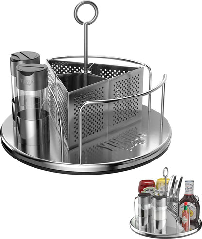 Yukon Glory Stainless Steel Rotating Condiment Caddy, Lazy Susan Utensil Caddy with Napkin Holder, BBQ Grill Caddy for Outdoor Patio Table & Picnic