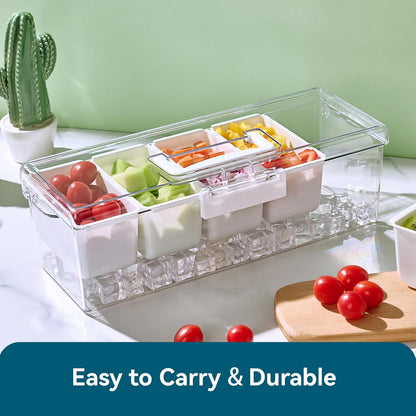 Luckore 2 Pack Chilled Condiment Tray Server with 5 Removable Small Compartments Containers & Hidden Handle Design, Ice Chilled Condiment Organizer, Garnish Serving Tray for Camping, Fruit, Salad