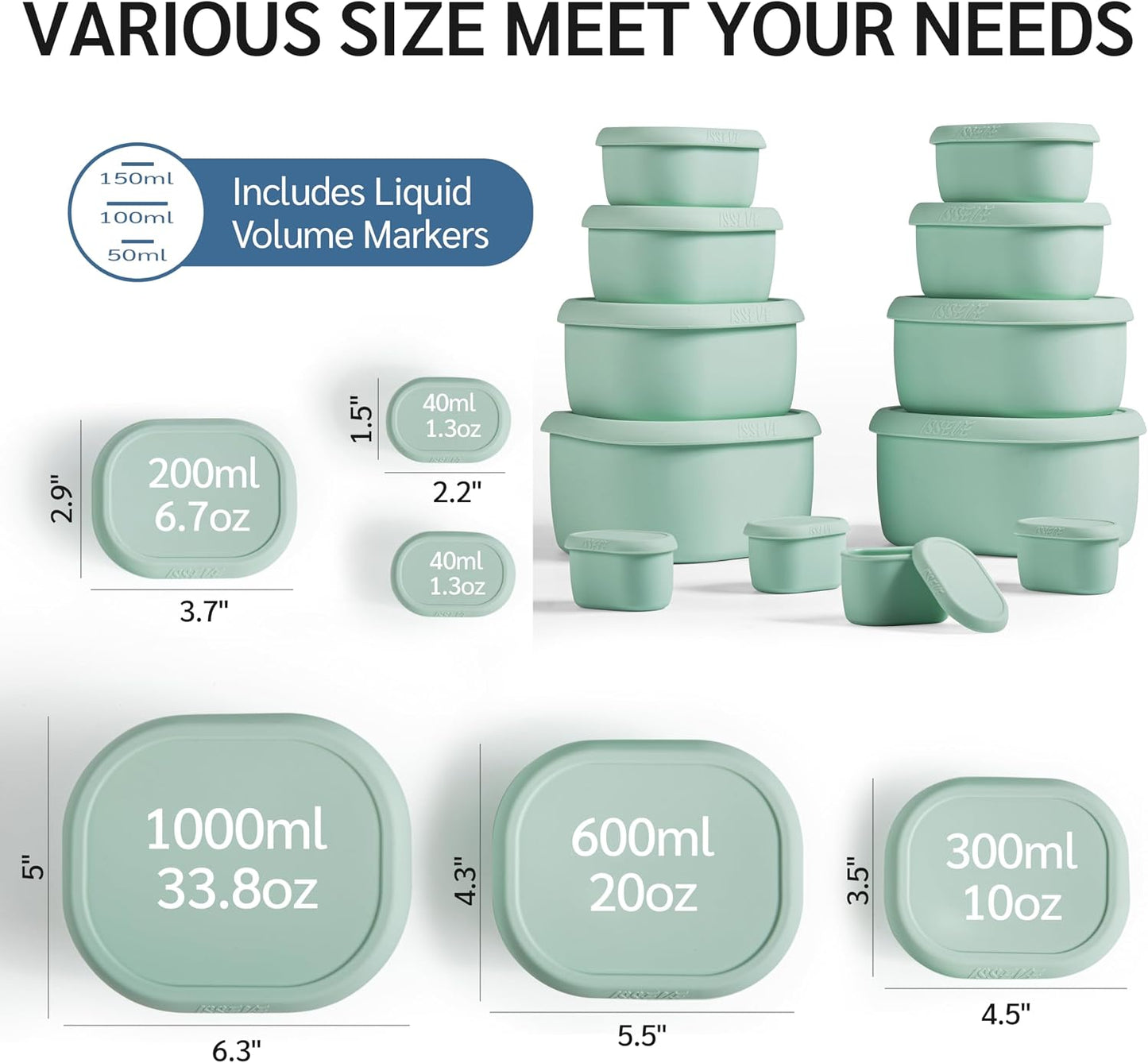 ISSEVE 12Pcs/Set Nesting Silicone Food Storage Containers with Lids, BPA Free Reusable Meal Prep Silicone Containers Airtight, Freezer Dishwasher Safe (33.8oz, 20oz, 10oz, 6.7oz, 1.3oz) (Beige)