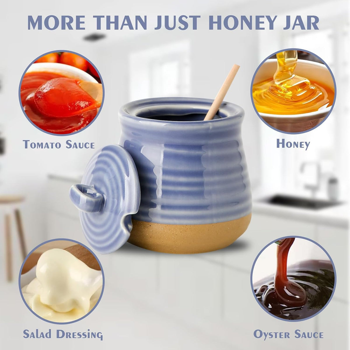 HASENSE Ceramic Honey Pot with Lid, 12 Ounce HoneyJar with Wooden Dipper, Honey Dipper Stick and Jar Set, Cute Small Container for Christmas Thanksgiving Gift, Dishwasher Safe, Blue