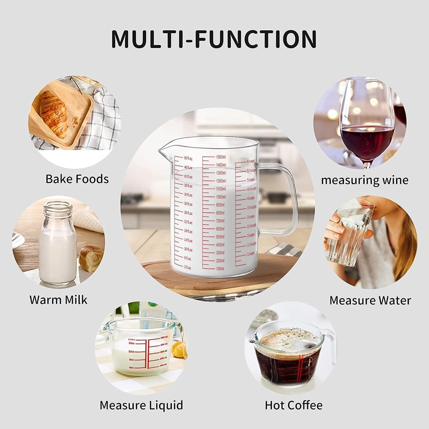 Luvan 34OZ/1000ML Glass Measuring Cup, 4 Cup Glass Measuring Cups With 3 Scales (Ml/Oz/Cup), High Borosilicate Measuring Cup With Handle and V-Shaped Spout, Dishwasher/Freezer/Microwave Safe