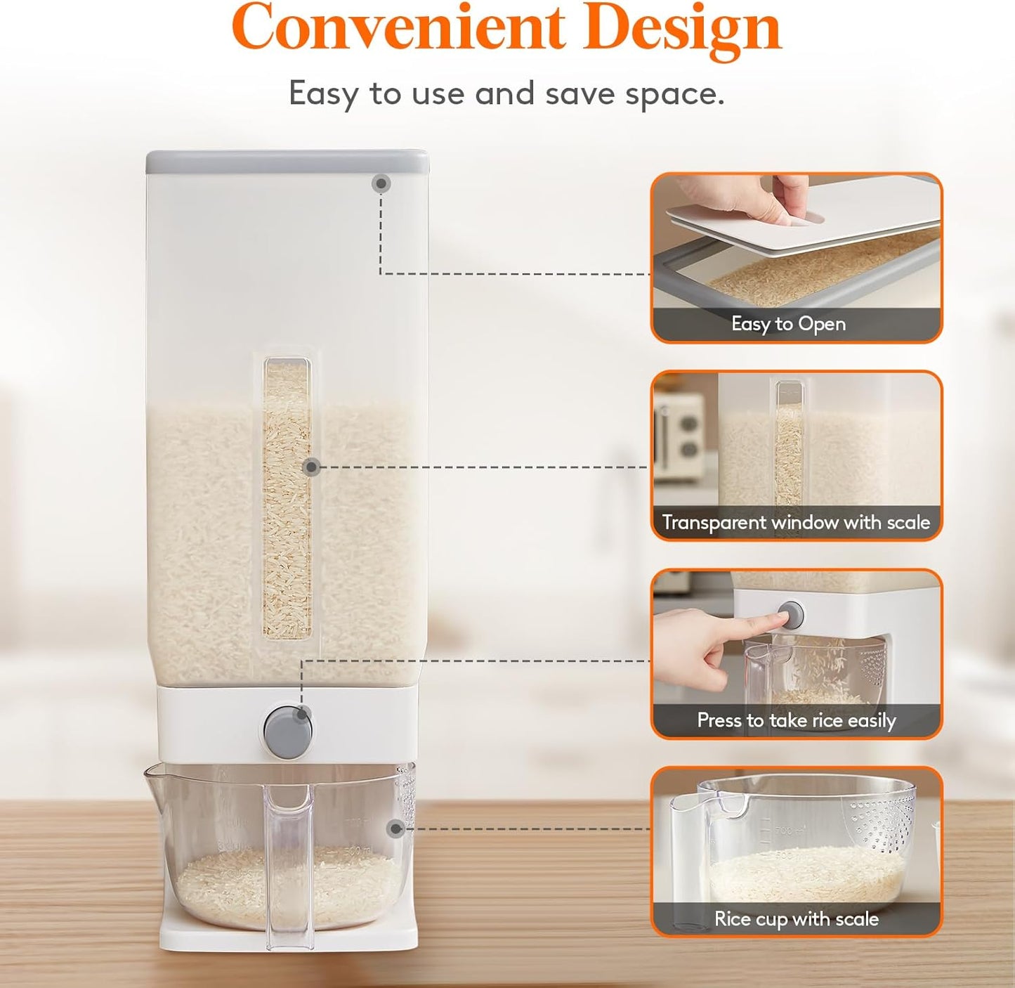 Lifewit Rice Dispenser 25 Lbs(11.3kg), Rice Storage Container Sealed Moisture Proof with Measuring Cup for Kitchen Pantry Household, BPA-Free, 1 Pack Grey
