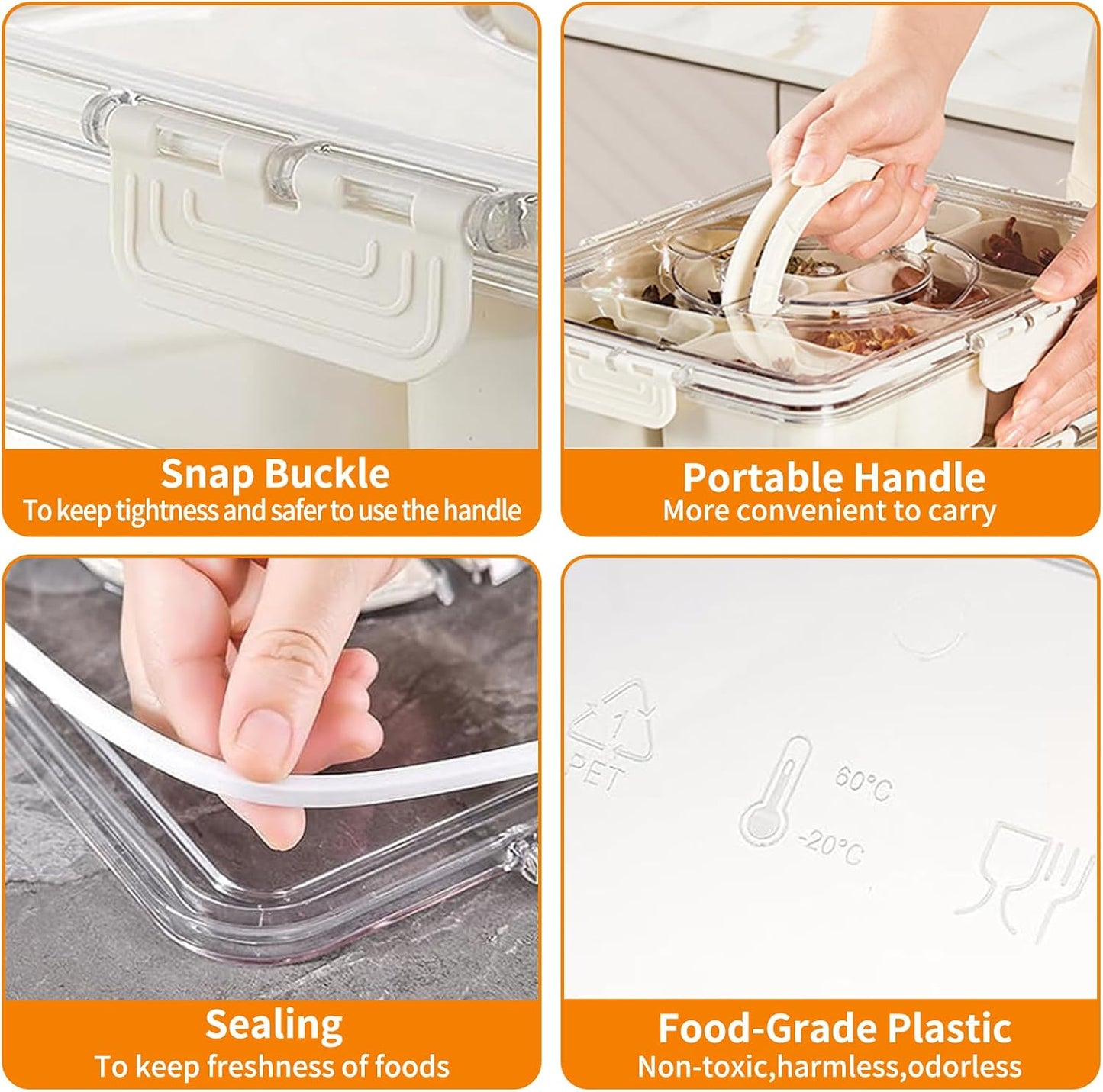 Divided Serving Tray with Lid & Handle, Plastic Portable Food Storage Container Snack Platters, 8 Removable Compartment Box for Parties, Reusable Appetizer Clear Organizer for Veggie, Candy, Fruit,Nut