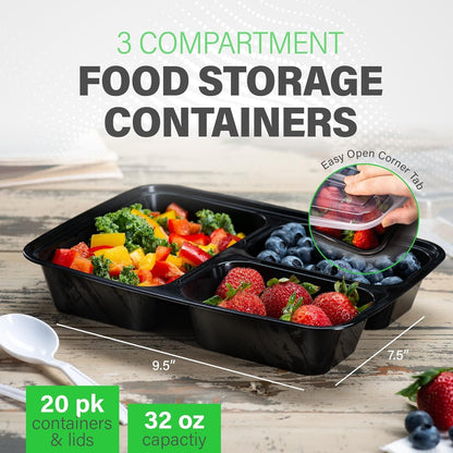 Bexter 10 Pack Compartment Trays with 10 Lids for Takeout and Food Storage / 3 Section compartment for portion control