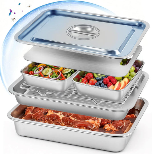 7-IN-1 Grill Prep Tray & Carry System – Large Stainless Steel Meat Marinating Container with Lid, Cutting Board, Grill Accessories, Outdoor Grilling Prep & Serve Set, BBQ Gifts for Father's Day Men
