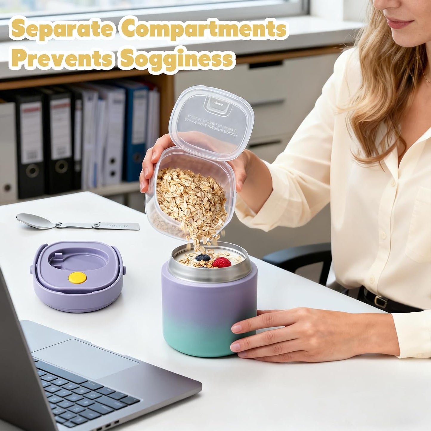 2 - in - 1 Soup Thermo for Hot Food 14oz with Snack Box Container Leak Proof Insulated Lunch Container Kids and Adults Stainless Steel Double Wall Vacuum Wide-mouth Thermal with Spoon and Handle