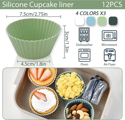 Silicone Baking Muffin Cups 12 Pack,Food-Grade Non-Stick Muffin & Cupcake Liners,Wrapper Cups Holders for Muffins, Cupcakes, and Candies Standard Size (Green)