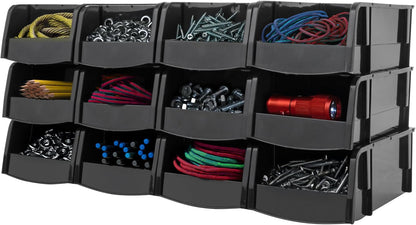 IRIS USA Extra Large Stackable Storage Bins, 6-Pack, 13"L x 10"W x 8"H, |Made in USA|, Plastic Open Front Shelf Bin for Organizing Parts, Hardware, Tools, Supplies, Garage Shelf, Pantry - Black