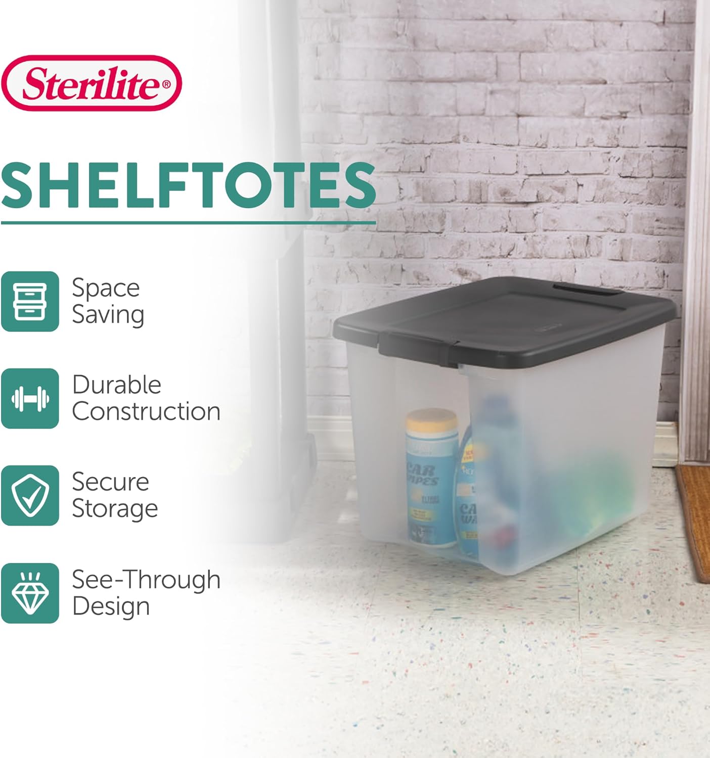 Sterilite 18-Pack Plastic Storage Bins w/ Lids, Shelf Totes Clear Containers, 25 Qt, Gray