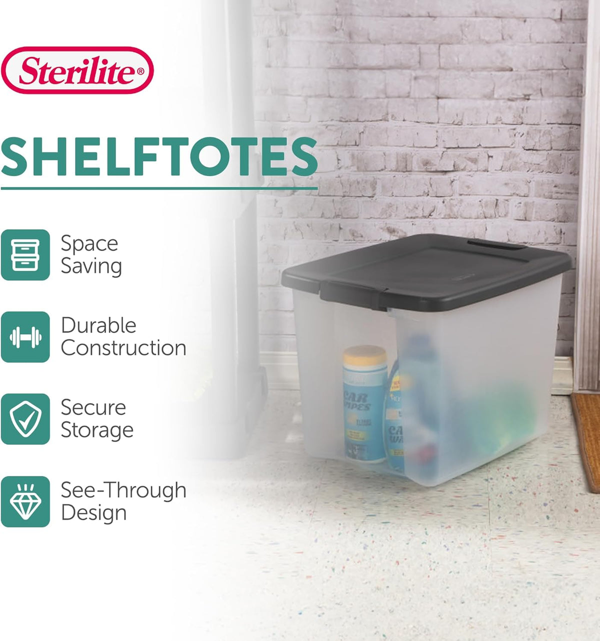 Sterilite 18-Pack Plastic Storage Bins w/ Lids, Shelf Totes Clear Containers, 25 Qt, Gray
