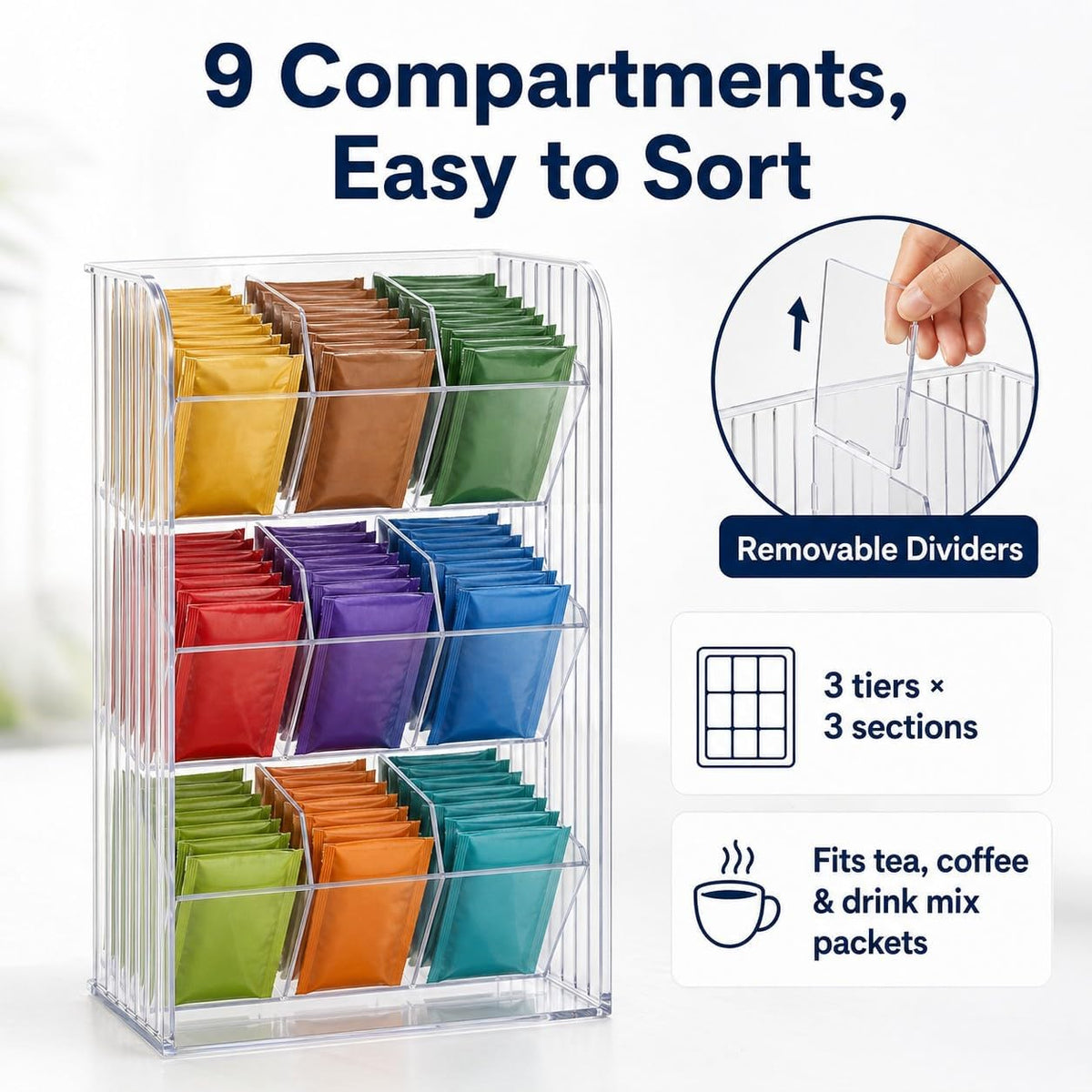 Drink Packet Organizer, 9-Compartment Water Flavor Packet Holder with Removable Dividers, Adjustable Tea Bag and Sugar Packet Storage Bin with Adhesive Stickers for Pantry, Fridge, Cabinet