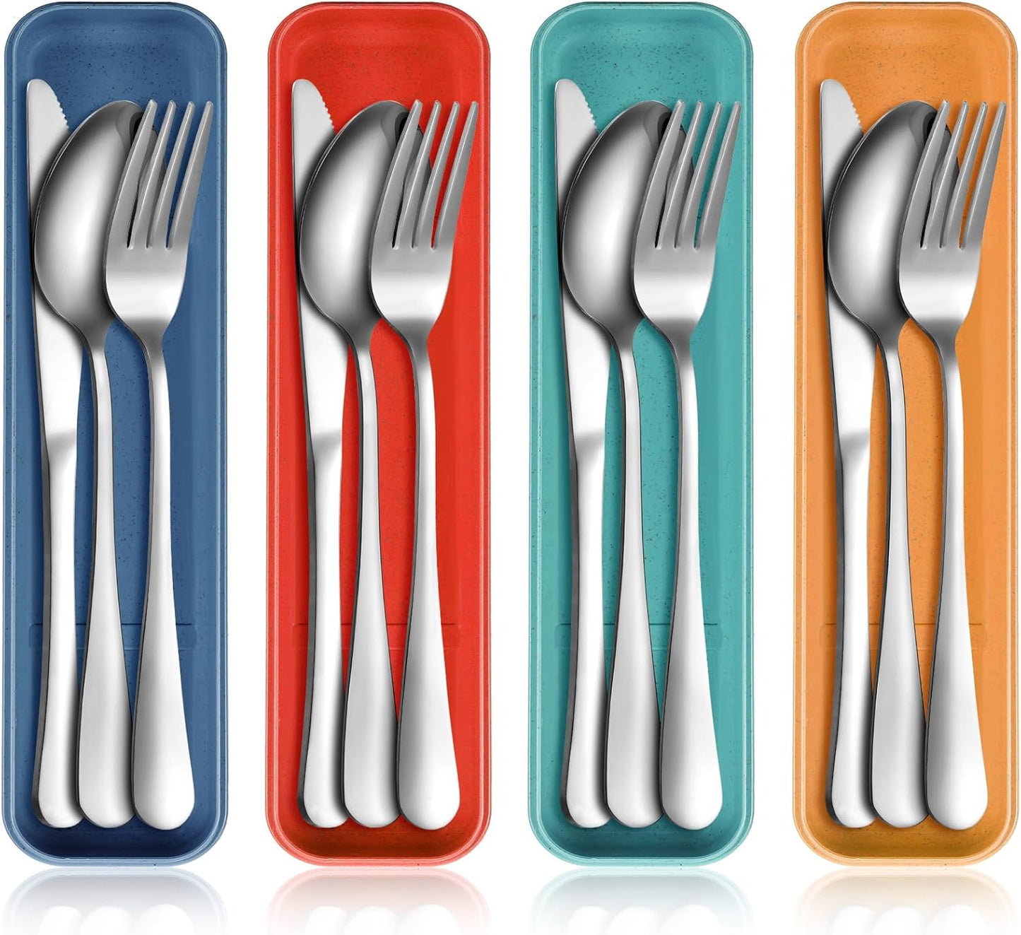 Yinkin 4 Pack Portable Travel Utensils Set with Case Reusable Stainless Steel Silverware Flatware Camping Cutlery Include Fork Spoon Knife for Work School Dishwasher Safe(White, Green, Red, Black)
