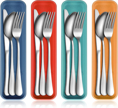 Yinkin 4 Pack Portable Travel Utensils Set with Case Reusable Stainless Steel Silverware Flatware Camping Cutlery Include Fork Spoon Knife for Work School Dishwasher Safe(White, Green, Red, Black)