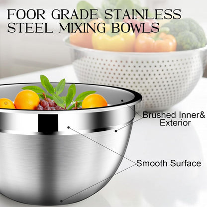 DUTZUN Mixing Bowls with Lids Set - 16pcs Stainless Steel Mixing Bowl Set with Colander, 3 Grater Attachments, Non-Slip Bottom, Metal Nesting Bowls with Strainer for Mixing & Serving - Black
