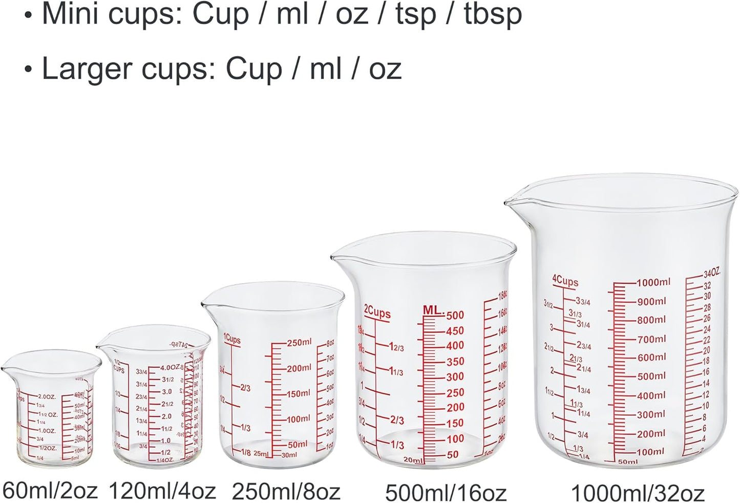3 Piece Glass Measuring Cup Set, Includes 1/2-Cup, 1-Cup, and 2-Cup High Borosilicate Glasss Liquid Measuring Cups, Dishwasher, Freezer, Microwave, and Preheated Oven Safe, Essential Kitchen Tools
