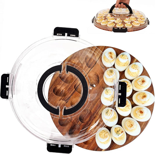 Acacia Wood Deviled Egg Carrier with Secure Snap-Lock Lid – Holds 24 Eggs for Parties,Potlucks & Picnics,Portable Serving Tray with Handle, Dishwasher-Safe Lid,Easter Hostess Gift Idea