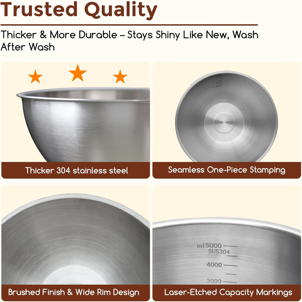 Gronivex Stainless Steel Mixing Bowls Set, (1.5, 2.2 & 3.4 Qt)
