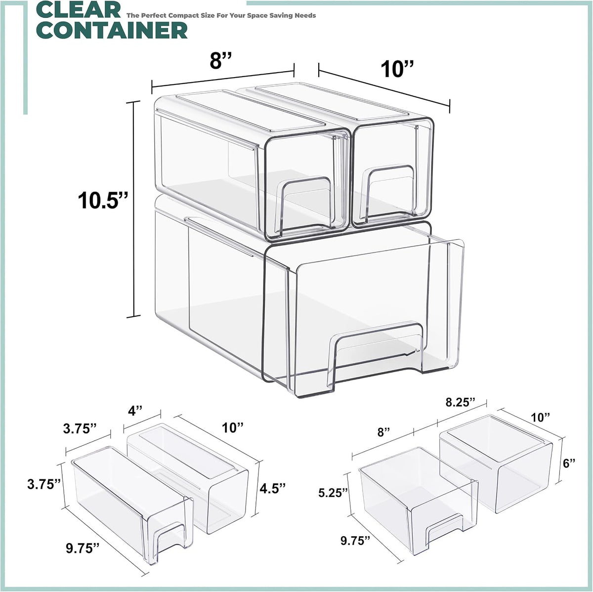 Sorbus Clear Stackable Storage Drawers, 4-Piece Set 1 Large, 1 Medium & 2 Small Pull-Out Plastic Organizer Bins with Handles for Bathroom, Closet, Pantry, Cabinet & Medicine Storage