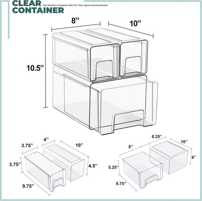 Sorbus Clear Stackable Storage Drawers, 4-Piece Set 1 Large, 1 Medium & 2 Small Pull-Out Plastic Organizer Bins with Handles for Bathroom, Closet, Pantry, Cabinet & Medicine Storage