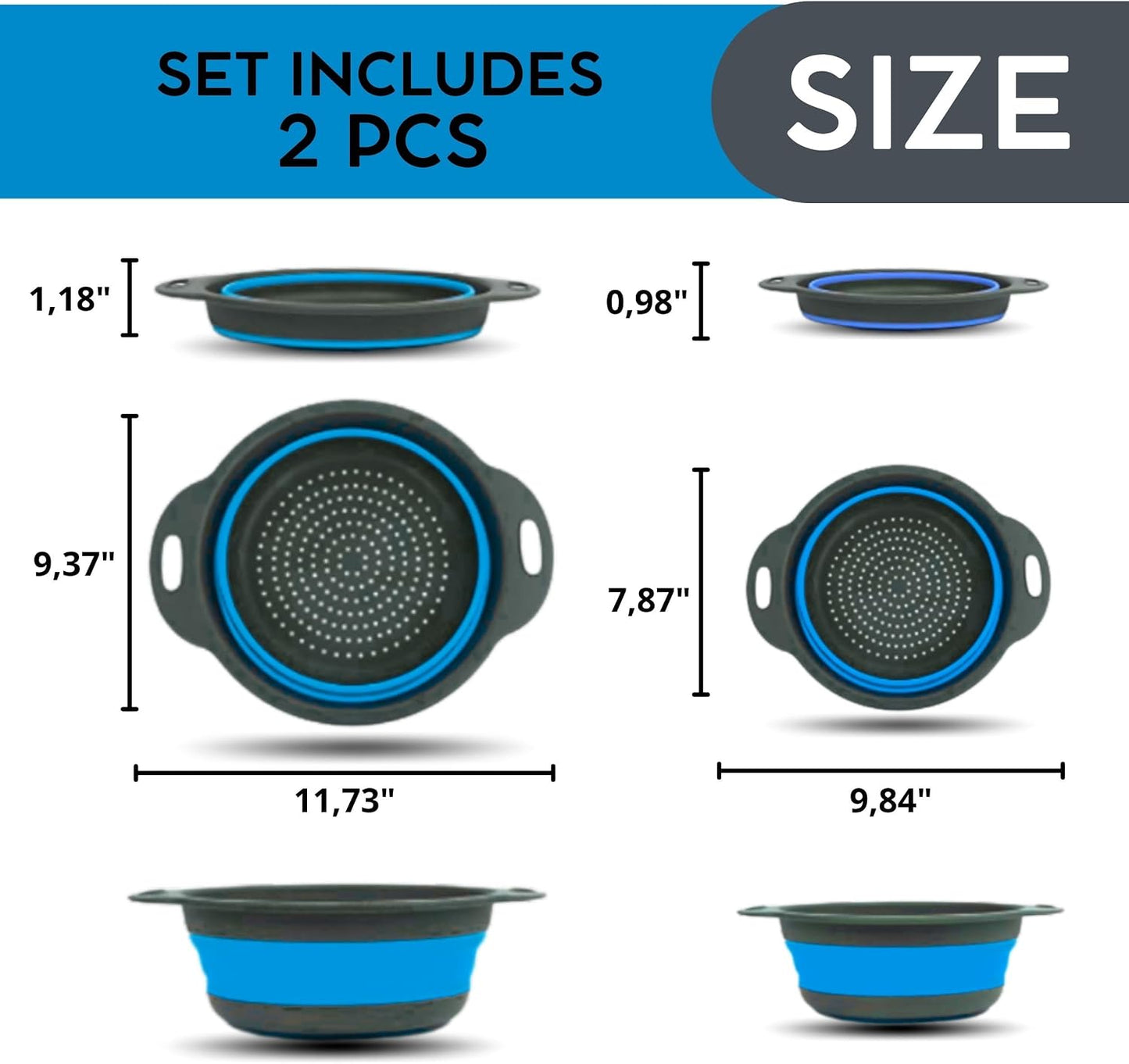 3PCS Green Foldable Kitchen Strainer Set – Silicone Colander Collapsible Strainers and Colanders Green Collander for Kitchen Collapsible Compact Drain Tools for Cooking Prep