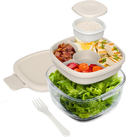 Bentgo Glass Salad Container - 7.6-Cup Salad Bowl with Airtight Lid, Leak-Proof Sauce Container, 4-Compartment Bento Tray & Reusable Fork - BPA-Free for Meal Prep, Office & More (Light Blue)